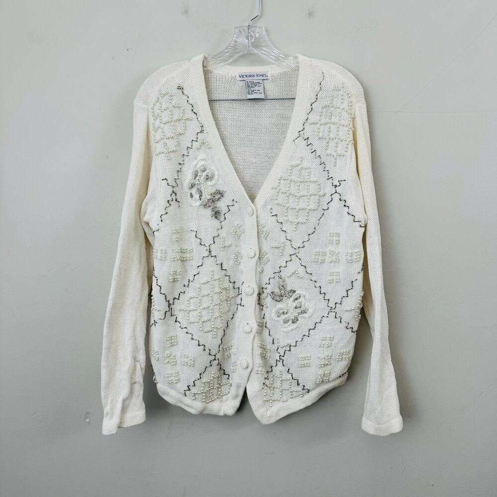 Victoria Jones White Knit Floral Button Up Cardigan Women’s Size M
